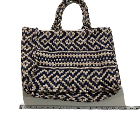 H&M Jacquard-Weave Handbag Large-Sized Brown & Blue Canvas Open Tote Bag Jute - Picture 5 of 10